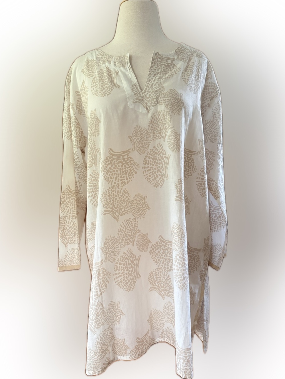 Women's Ivory Tunic Blouse with Beige Floral Motif